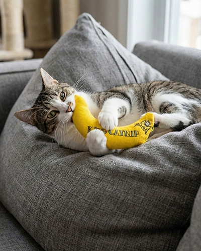 Chat détendu sur un canapé jouant avec un jouet King Catnip jaune aux tournesols, garni d’herbe à chat.